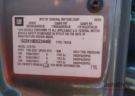 2005 Chevrolet Silverado 1500 Lt from USA, damaged, VIN 1GCEK19B35Z344466